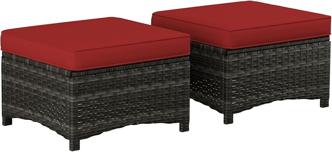 Outdoor Wicker Ottoman Set of 2, Patio Swivel Rattan Ottoman with Thick Cushions, Ideal for Backyard, Garden, Poolside, Red