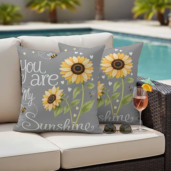 Outdoor Pillow Covers Letters You are My Sunshine Decorative Throw Pillow Covers, Pastoral Sunflowers on Gray Throw Cushion Case with Zipper for Patio,Couch,Sofa,Garden 18x18in Set of 2