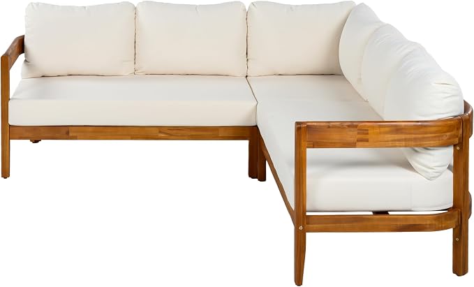 Outdoor Patio Conversation Furniture Set, Acacia Solid Wood Patio Furniture Set with 6 Soft Seat Cushions and Backpack, L-Shaped Outdoor Corner Sofa with Arc Frame for Backyard, Garden (White/16)