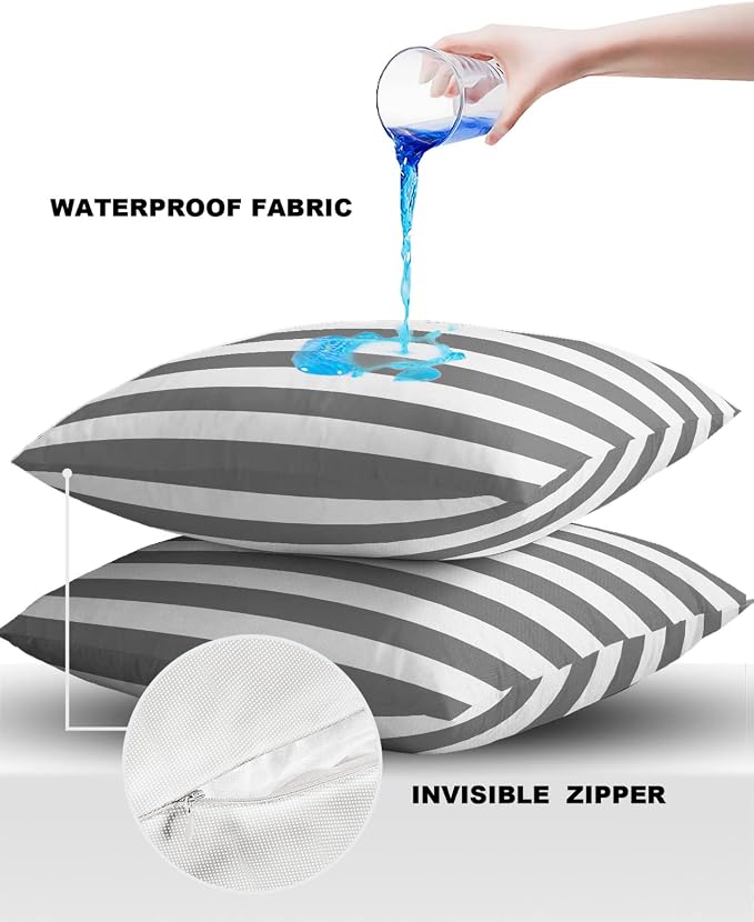 Outdoor Waterproof Pillow Covers for Patio Furniture Grey and White Stripes Decorative Throw Pillow Cover Solid Striped Pillowcases Set of 2 Cushion Case for Sofa Couch Chair 26 x 26 in
