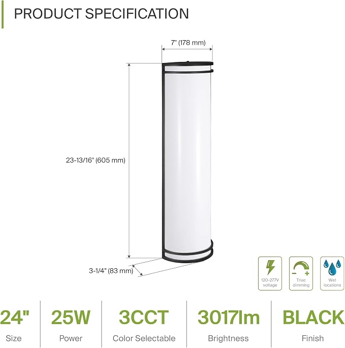 ASD 24 Inch LED Outdoor Sconce Lights - 25W 120-277V 3000K 4000K 5000K Black Exterior Lighting Fixtures, Dimmable Exterior Lights for House, Modern Patio Wall Light Fixture ETL 2 Pack