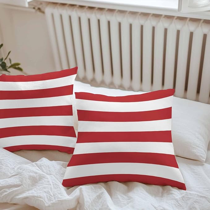 Outdoor Waterproof Throw Pillow Covers Set of 2 Red White Stripe Pillowcases 26x26 Inches Simple Style Striped Decorative Pillows Cushion Case Patio Pillows for Couch Bed Chair Garden