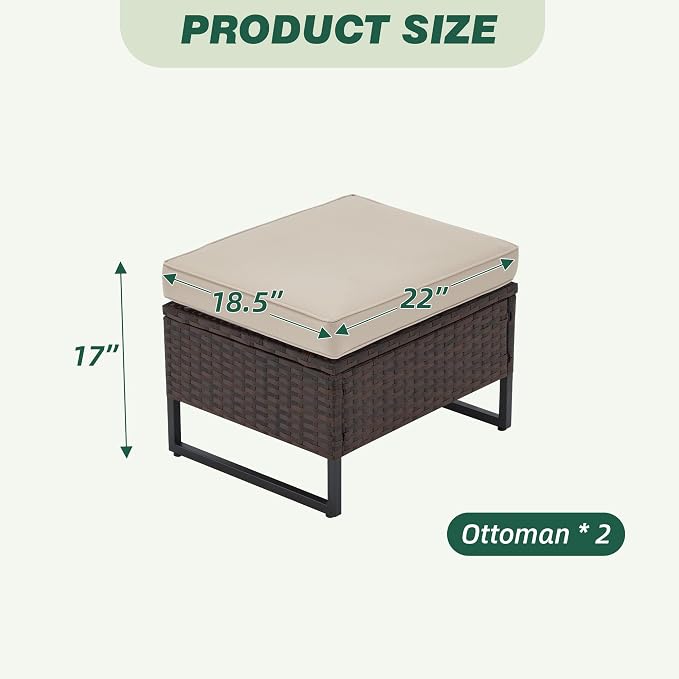 AVAWING Outdoor Wide Wicker Ottomans Set of 2, All-Weather Rattan Ottoman Seat for Garden, Backyard and Balcony, Patio Footstool with Removable Cushions, Beige 18.5" D x 22" W x 17" H