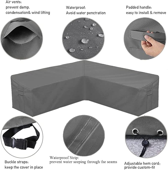 Patio Furniture Sectional Couch Sofa Cover Gray Weatherproof Heavy Duty 420D Oxford Outdoor V Shaped Sectional Garden Rattan Corner Sofa Furniture Protector Covers (V-Shape: 112x112in)