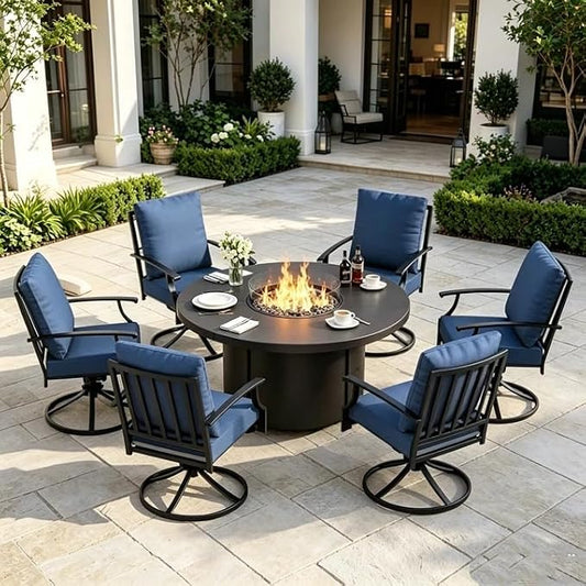 ALAULM 7-Piece Outdoor Dining Set for 6 Metal Outdoor Patio Furniture with 6 Swivel Chairs & 40000 BTU Round Fire Pit Table for Patio, Backyard, Garden-DarkBlue