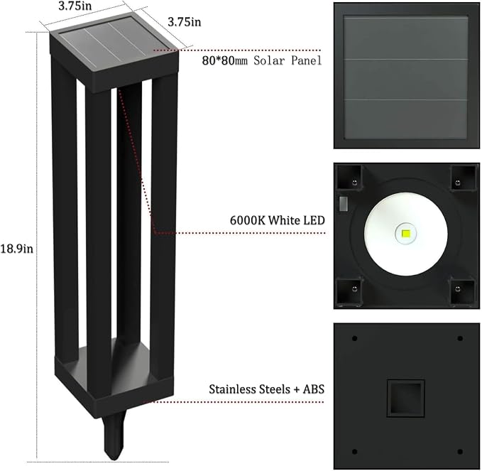 Outdoor Solar Floor Lamps, Modern Tall Lanterns for Patio, 2-Pack | 18.9-in black stainless steel lanterns with dusk-to-dawn solar power, IP65 waterproof and decorative downward lighting