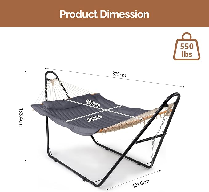 Hammock with Stand Set, Portable Double-Barrel Hammock with Hammock Bed, Heavy Duty Adjustable Hammock Set for Outdoors, Patio, Yard, Garden, 550 LBS (Grey)