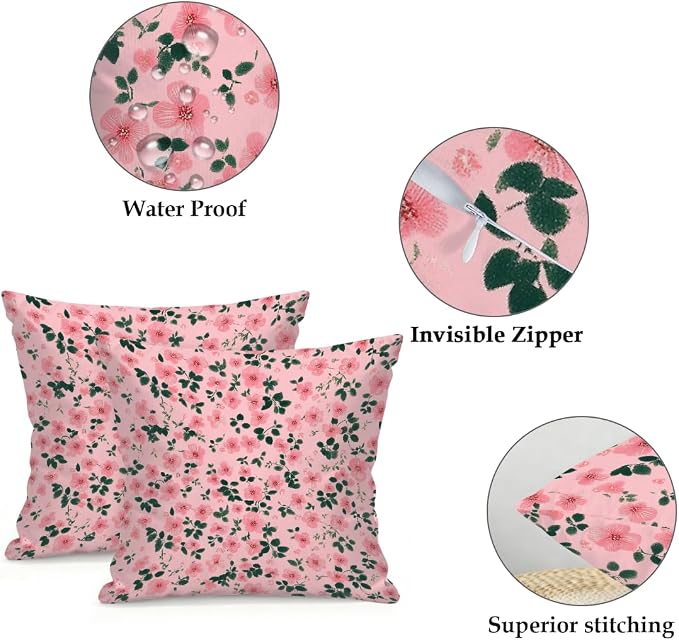 16x16 Inch Outdoor Pillow Covers Set of 2 Waterproof Throw Pillow Covers Decorative Couch Cushion Covers Pink Floral Pattern Square Pillowcases Protectors for Patio Garden Sofa