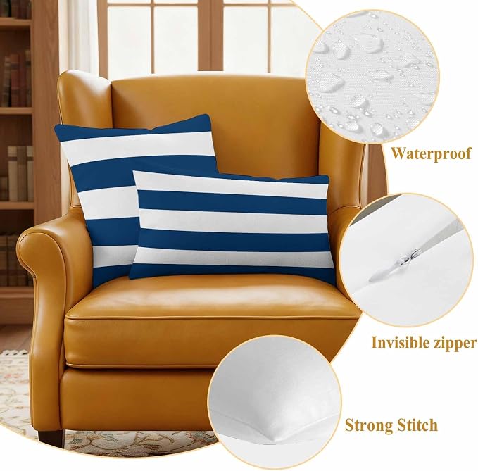Outdoor Pillow Covers Set of 2, Blue White Stripes Color Block Geometric Decorative Throw Pillow Covers 16X16IN, Classic Modern Style Throw Pillows Protector Cushion Case for Patio,Couch,Sofa,Garden