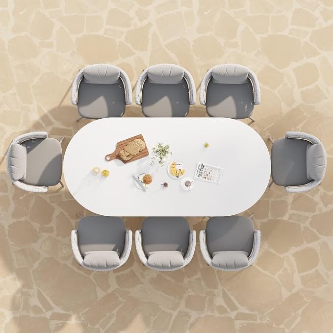 9-Piece Outdoor Dining Set with 84'' Oval Sintered Stone Top, Rope Woven Armchairs, Aluminum Frame, Cushions for Patio and Garden Dining