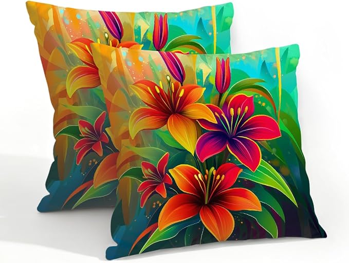20x20 Inch Outdoor Pillow Covers Set of 2 Waterproof Throw Pillow Covers Decorative Couch Cushion Covers Neon Orange Green Flowers Square Pillowcases Protectors for Patio Garden Sofa