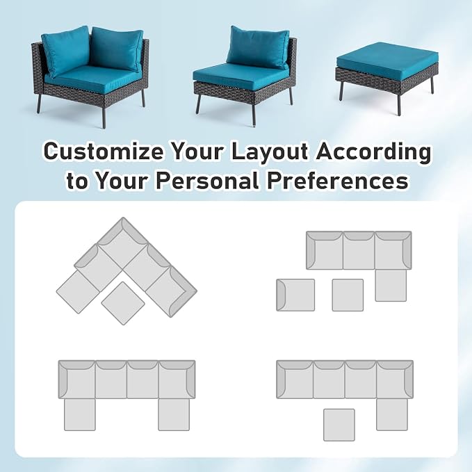 Outvita 6 Pieces Patio Furniture Set, All-Weather Outdoor Sectional Patio Sofa PE Rattan Manual Weaving Wicker Conversation Set with Ottoman & Adjustable Feet & Pillow & Seat Cushion, Green & Black