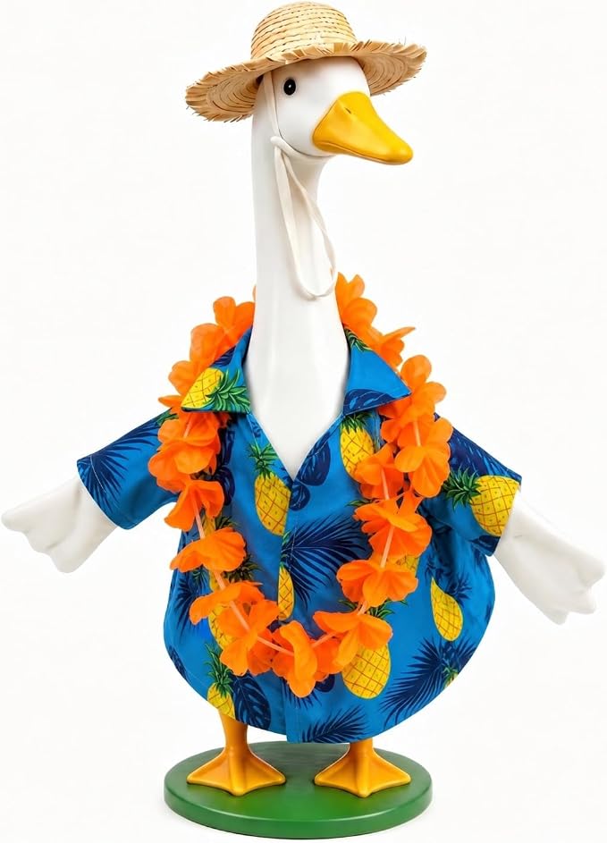 Summer Porch Goose Outfits Hawaiian Style with Straw Hat & Orange Wreath, 23" Blue Shirt Lawn Cement Goose for Spring Summer, Patio Yard Garden Geese Decoration Gift for Mom Father Grandma