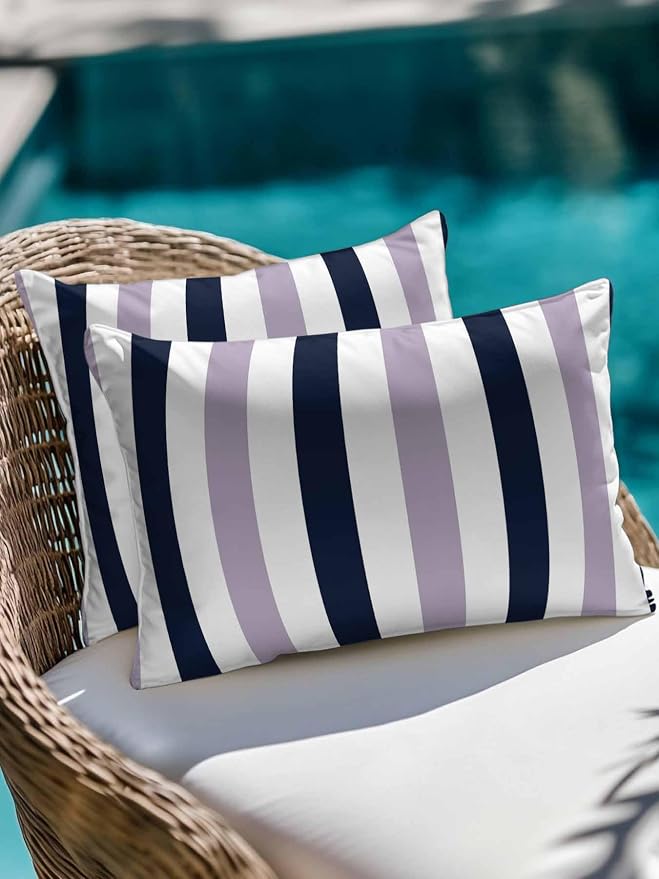 Outdoor Pillows Waterproof, Purple Navy Blue Striped Bedding Throw Pillows with Insert for Couch Sofa Bed, Farmhouse Stripe Art 12x20 Inch Pillowcases Decorative Camping Patio Pillow Set of 2