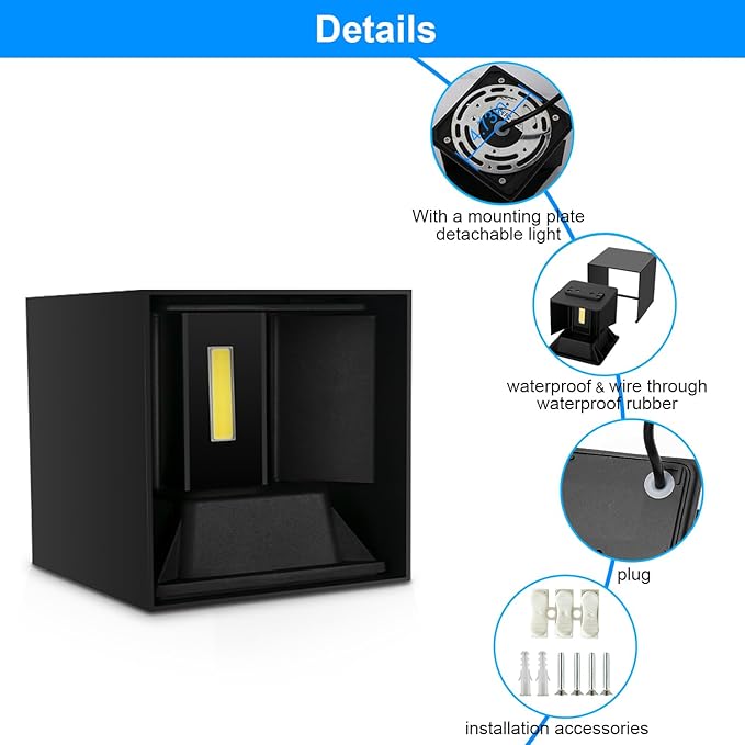 ledmo 20W High Power Modern Outdoor Wall Sconce Light Creative Adjustable Beam Square Up and Down Exterior Wall Lights Fixture Anti-Rust Aluminum IP65 6000K 1800LM Black for Patio Garage House 4 Pack