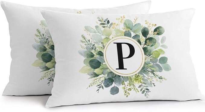Letter P Waterproof Outdoor Pillow Covers Set of 2 Home Decor, Alphabet Green Eucalyptus Leaves Lumbar Pillowcase Patio Pillow Covers for Couch Bench Patio Furniture Garden 20x12in