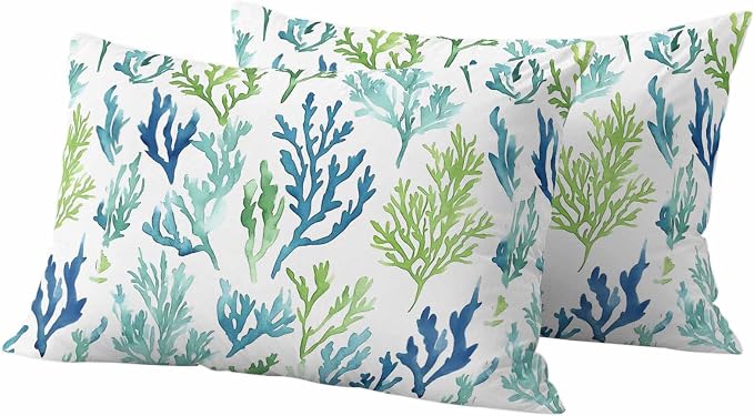 Ocean Teal Outdoor Waterproof Throw Pillow Covers Set of 2, 20"x12", Blue Green Coral Underwater Garden Coastal Decorative Pillow Covers Outside Cushion Case for Patio Porch Garden