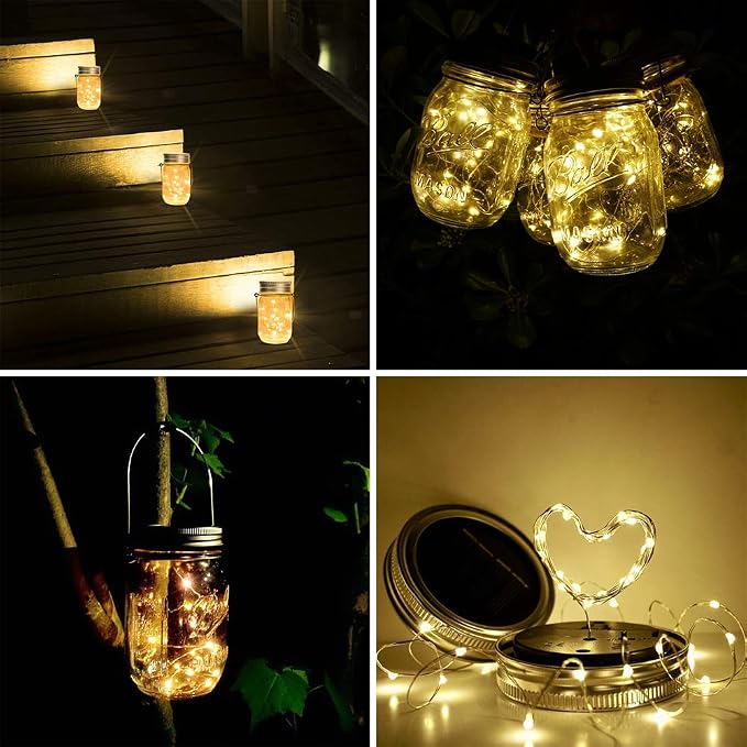 SunKite Solar Mason Jar Lights [Updated], 8 Pack 20 LED Waterproof Fairy Firefly Jar Lids String Lights with Hangers(NO Jars), Patio Yard Garden Wedding Decoration - Warm White