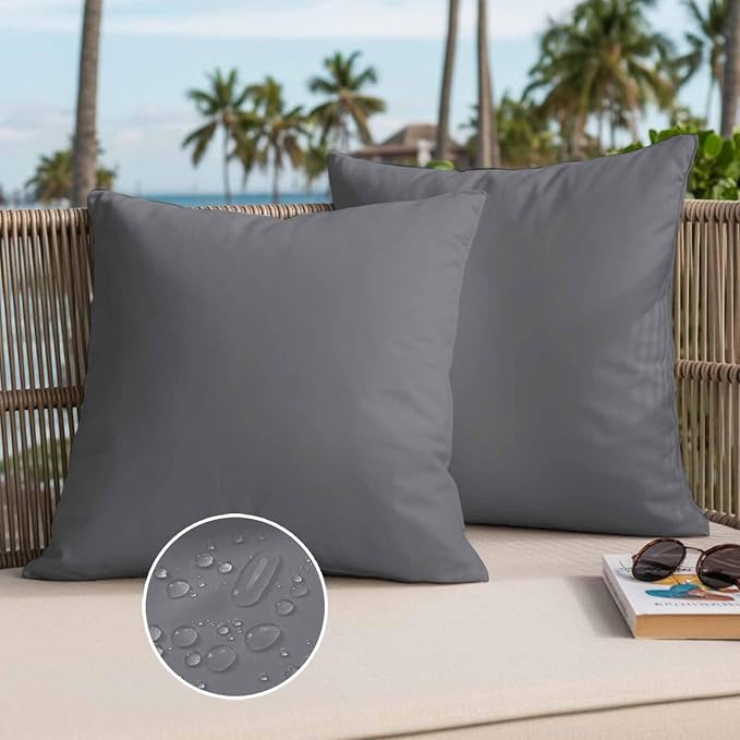 Throw Pillow Covers 20x20 Inch Set of 2, Grey Pure Color Waterproof Outdoor Pillow Covers, Aesthetics Contemporary Luxury Decorative Cushion Pillowcases for Couch, Sofa, Bed, Garden, Patio