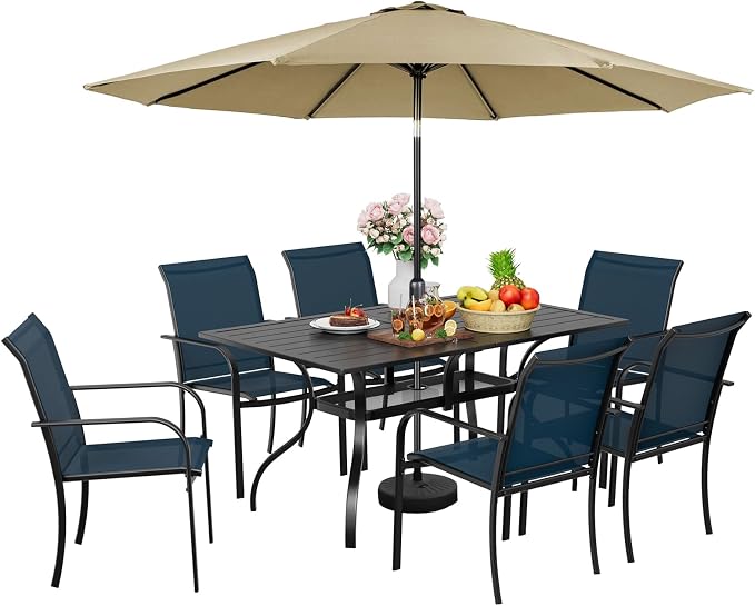SUNCROWN 8 - Piece Outdoor Dining Set, Patio Furniture Set with 6 Textilene Dinning Chairs, 1 Rectangle Metal Table and 1 Brown 9Ft Patio Umbrella for Lawn Garden Backyard Deck, Blue