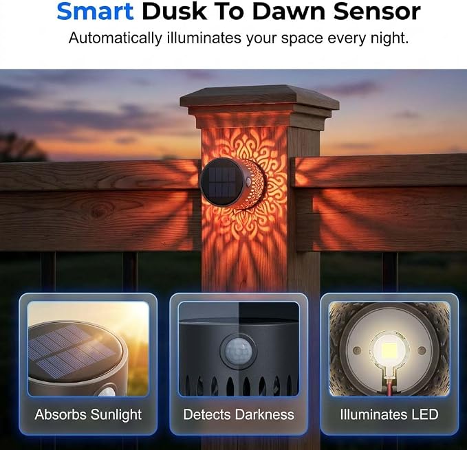 Decorative Solar Mandala Lights, Metal Solar Powered Outdoor Wall Lights Solar Powered Deck Step Stair Light, Waterproof Mandalas Fence Light for Garden Yard Backyard Post Patio Decor (2, Flower)