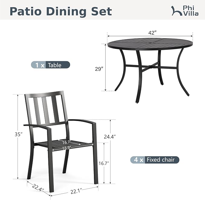PHI VILLA 5 Pcs Patio Dining Set, 42" Round Steel Table w/Umbrella Hole | Round metal table w/ 1.57" umbrella hole&4 Black Stacking Metal Chairs for Patio, Deck, Yard, Porch