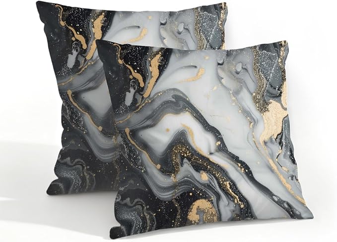 18x18 Inch Outdoor Pillow Covers Set of 2 Waterproof Throw Pillow Covers Decorative Couch Cushion Covers Black Grey Marble Square Pillowcases Protectors for Patio Garden Sofa