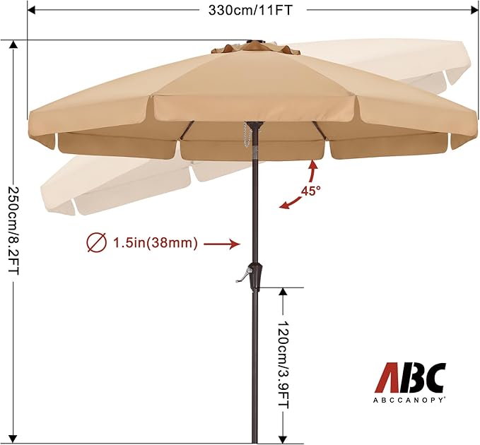 ABCCANOPY 11ft Scalloped Patio Umbrella, Outdoor Table Umbrella with Tilt and Crank, Fiberglass Ribs Deck Umbrella for Patio, Pool, Garden, Picnic (Khaki)