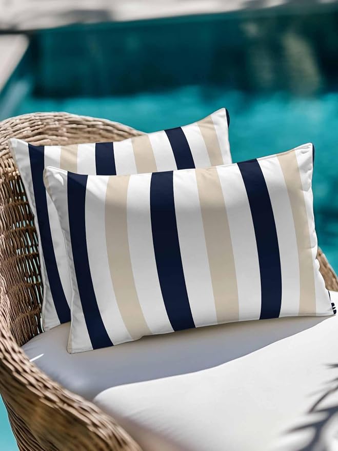 Outdoor Pillows Waterproof, Beige Navy Blue Striped Bedding Throw Pillows with Insert for Couch Sofa Bed, Farmhouse Stripe Art 12x20 Inch Pillowcases Decorative Camping Patio Pillow Set of 2