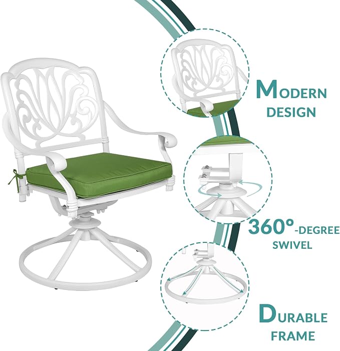 MEETWARM 5-Piece Outdoor Patio Dining Set, All-Weather Cast Aluminum Patio Conversation Set for Backyard Garden Deck with 4 Cushions Swivel Rocker Chairs and 35.4" Square Table, White
