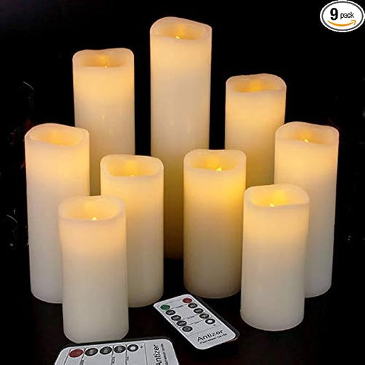 antizer Flameless Candles Led Candles Pack of 9 (H 4" 5" 6" 7" 8" 9" x D 2.2") Real Wax Battery Candles with Remote Timer for Home Fireplace Decor Wedding Festival Decor (Ivory 9 Pack)