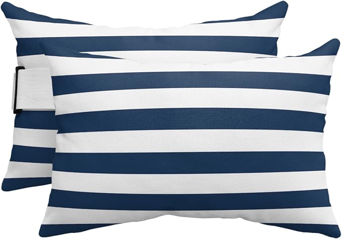 Blue and White Striped Outdoor Pillows with Insert Blue White Geometric Waterproof Patio Pillows with Adjustable Strap Decorative Head Recliner Lounger Chair Throw for Patio Furnitures, 2 Pack