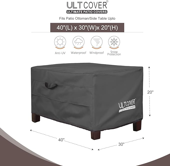 ULTCOVER Waterproof Patio Ottoman Cover Rectangular Outdoor Side Table Furniture Covers Size 40L x 30W x 20H inch, Black