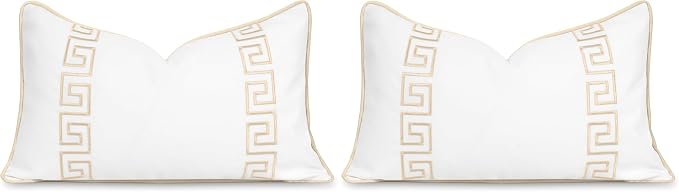 Hofdeco Premium Coastal Patio Indoor Outdoor Lumbar Pillow Cover Only, 12"x20" Water Repellent for Backyard, Couch, Neutral Tan Embroidered Greek Key with Piping (Pack of 2)