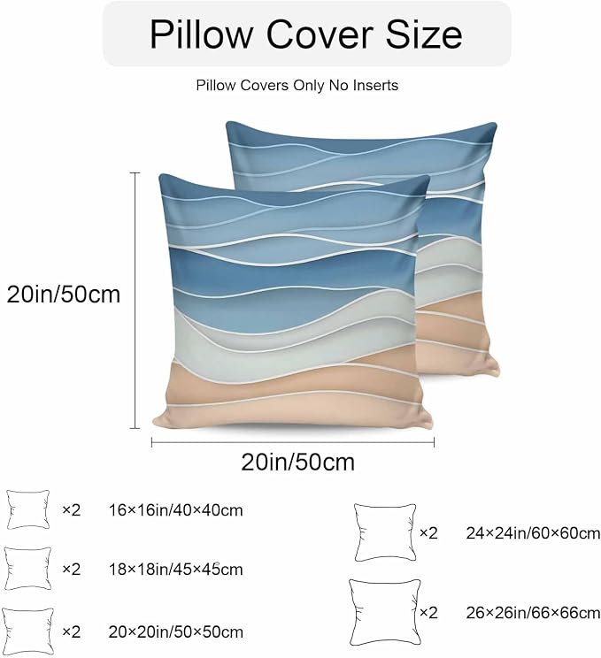 Blue Waterproof Outdoor Pillow Covers Set of 2 Home Decor, Ocean Wave Stripes Modern Abstract Beach Geometric Pillowcase Patio Pillow Covers for Couch Bench Furniture Garden 20x20in