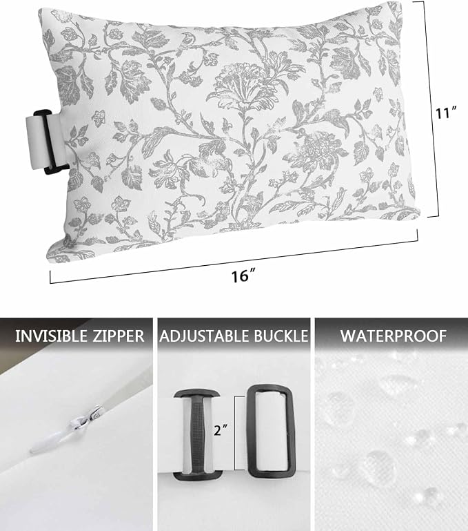 Pack of 4 Outdoor Lumbar Pillow Covers 11x16 Inch, Boho Gray Flower Waterproof Throw Pillow Covers Set, Vintage Farmhouse Leaf Spring Plant Indoor&Outdoor Cushion Cases for Patio Porch Beach
