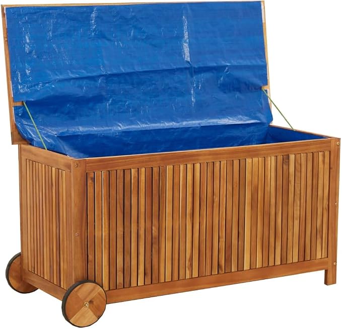 Outdoor Storage Box with Wheels, Wooden Patio Deck Box, Outdoor Cushion Storage Container Bin Chest for Patio Cushions, Outdoor Gardening Tools, 44.5"x19.7"x22.8" Solid Wood Acacia -AA