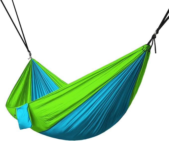 North East Harbor Hammock, Portable 2 Person Camping Hammock, Hammock for Two with Carabiners and Pre-Attached Bag, Two Person Hammock Camping Fun, Great Camping Accessories (Fruit Green & Light Blue)