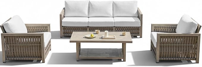 4-Piece Patio Furniture Set, Aluminum Outdoor Patio Conversation Set with Washable Cushions, Rope Weave Outdoor Furniture Sofa Set with Coffee Table for Deck, Poolside, Backyard, Gray Oak