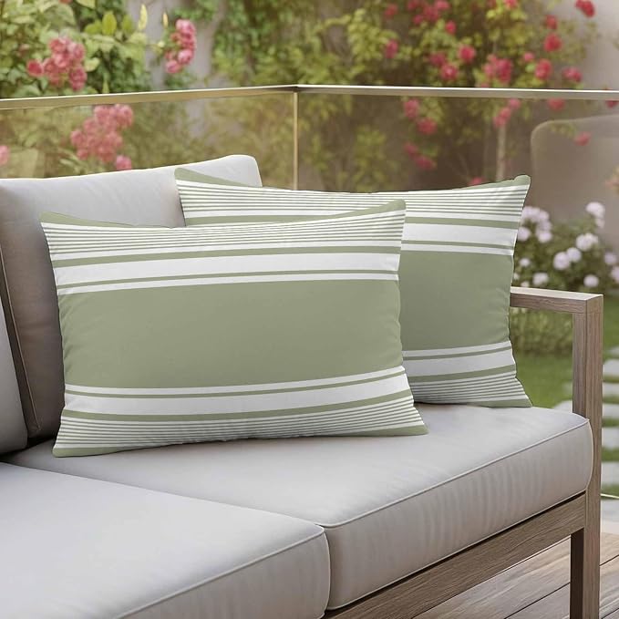 Outdoor Waterproof Throw Pillow Covers, Sage Green Striped Decorative Pillow Cases, Modern Color Block Farmhouse Stripes Couch Pillow Protector Patio Sofa Cushion Covers Replacement 20"x12" 2 Pack