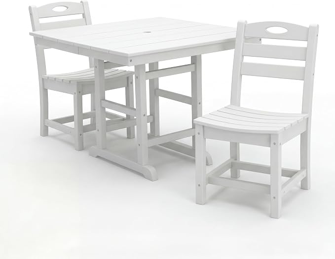 KEIKI 3-Piece HDPE Patio Dining Set Bistro Table Chairs for Porch Deck Lawn Modern Durable All-Weather Coffee Square Table, Compact 2-Person Small Space Easy Cleaning Outdoor Living Bistro Set, White