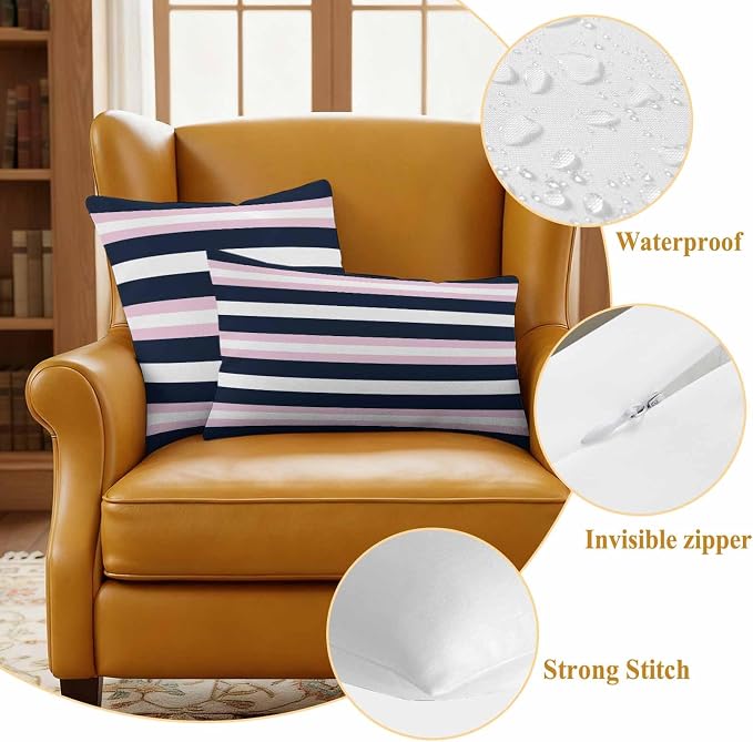 Pink Navy Blue Striped Waterproof Outdoor Pillow Covers Set of 2 Home Decor, Minimalist Abstract Lines Artwork Pillowcase Patio Pillow Covers for Couch Bench Furniture Garden 16x16in