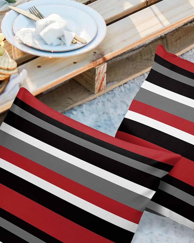 Multicolor Horizontal Stripes Outdoor Pillow Covers Set of 2, Decorative Waterproof Throw Pillow Case, Red White Gray Cotton Linen Soft Cozy Cushion Pillowcases