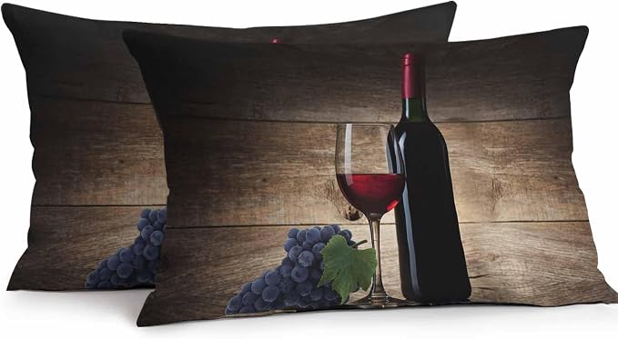 Red Wines Outdoor Pillow Covers 20x12 Inch Lumbar Pillow Covers Set of 2 Waterproof Decorative Throw Pillow Cases Grapes Vintage Wooden Grain Farmhouse Cushion Covers for Patio Furniture Garden Couch