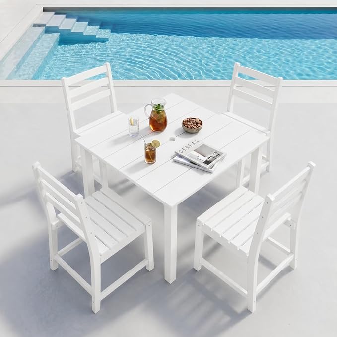 HDPE Outdoor Dining Set for 4, Square Table and Chairs, White | All-Weather HDPE, Wood Grain Finish, 42.5" Square Table, Built-In Umbrella Hole, Seats 4, Patio & Poolside Ready