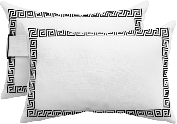 Outdoor Pillows Covers with Inserts White Traditional Greek Key Meander Border Square Geometric Waterproof Pillow with Adjustable Strap Throw Pillows for Patio Furniture Lounge Chair, 11x16 Inch, 2PCS