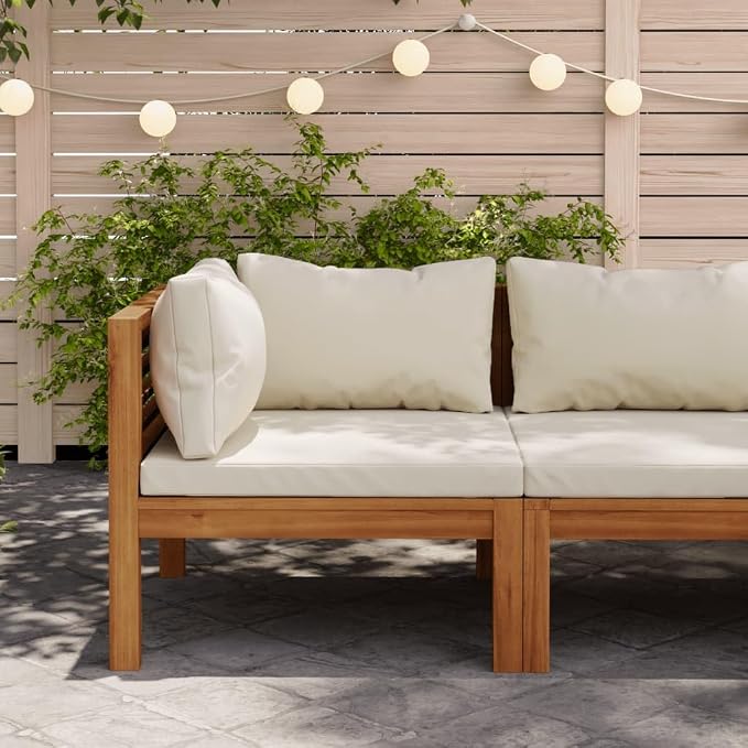 Sectional Corner Sofa with Cream White Cushion, Solid Acacia Wood Single Corner Sofa Chair, Outdoor Conversation Set Sectional Sofa Chair for Porch, Deck, Backyard,-426