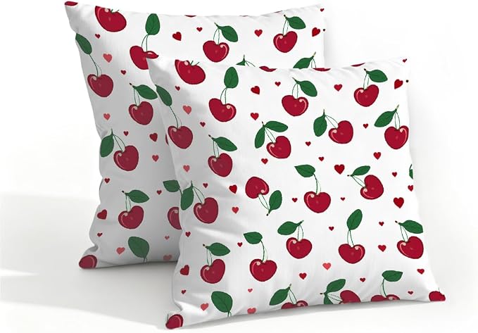 16x16 Inch Outdoor Pillow Covers Set of 2 Waterproof Throw Pillow Covers Decorative Couch Cushion Covers Cherry Leaf Fruit Square Pillowcases Protectors for Patio Garden Sofa