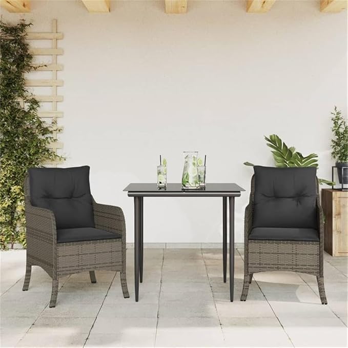 Afuera Living 3 Piece Poly Rattan Garden Dining Set, Black/Dark Gray Finish, Tempered Glass Table, Weather-Resistant Cushions, Modern Patio or Garden Seating for 2 People