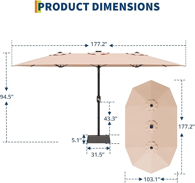 15FT Outdoor Double-Sided Umbrella With Solar Lights, Large Rectangle Patio Market Umbrella, 36 PCS LED Lights, Suitable for Poolside Lawn Backyard, Base Included